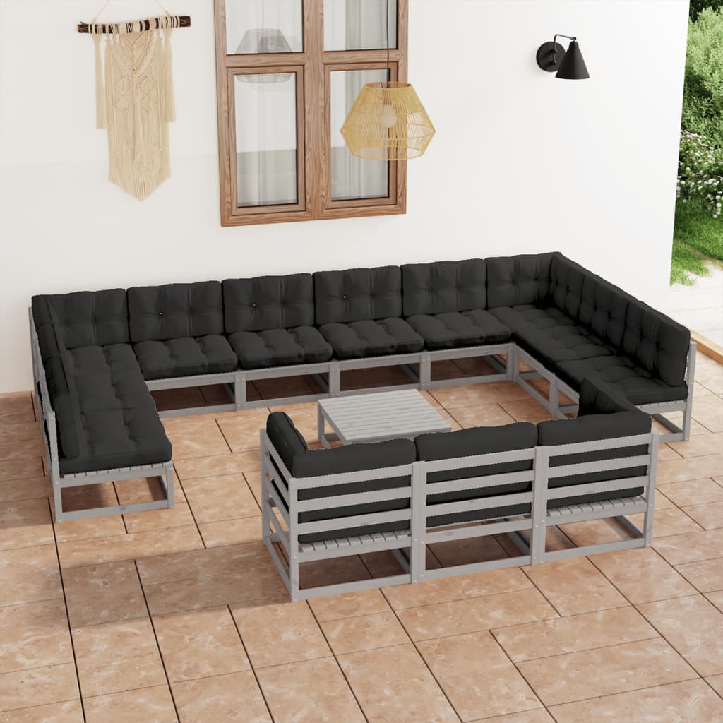 14-tlg. Garten-Lounge-Set mit Kissen Grau Kiefer Massivholz